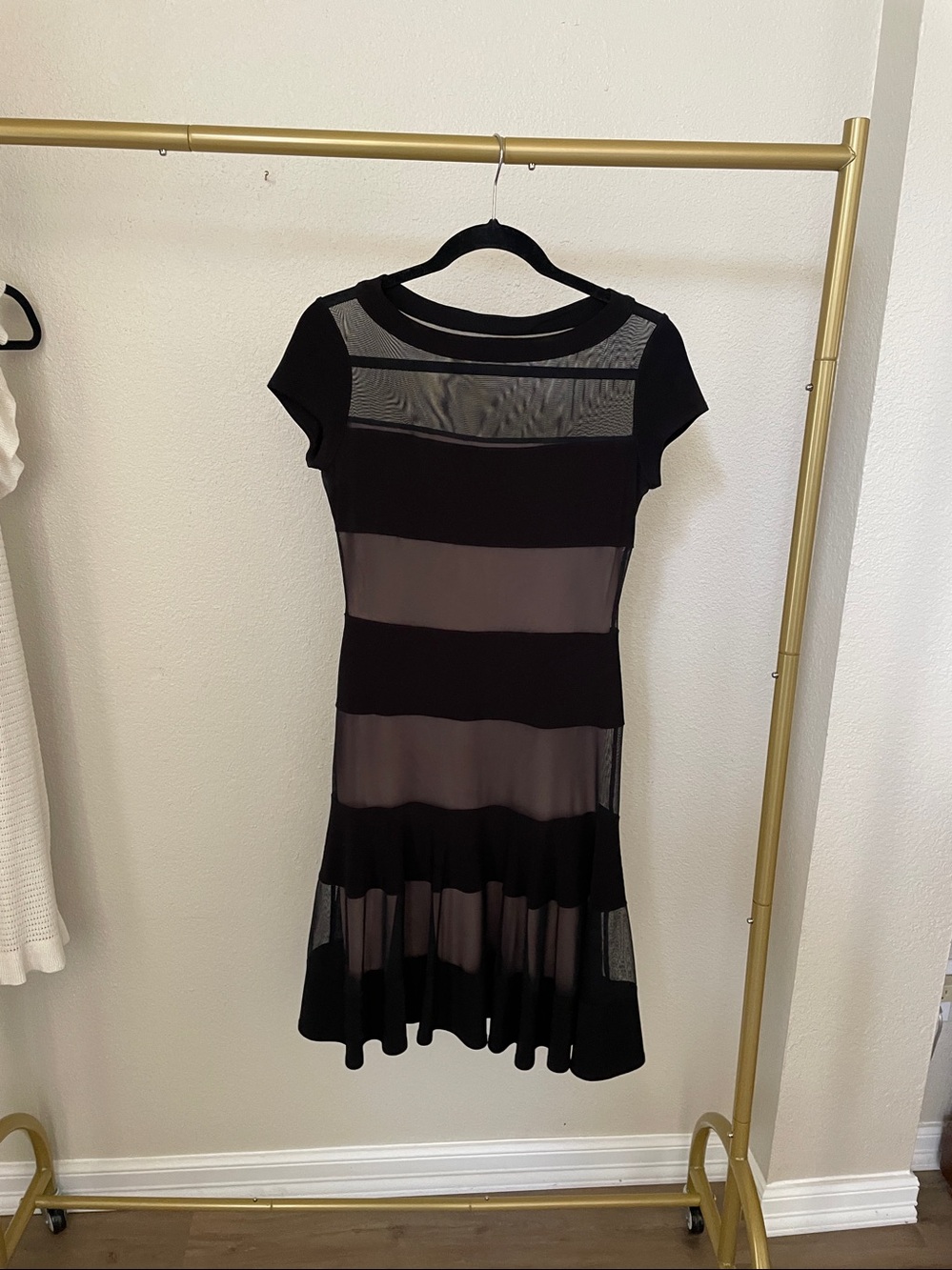 Joseph Ribkoff Black and Nude Striped Mesh Midi Dress with Cap Sleeves